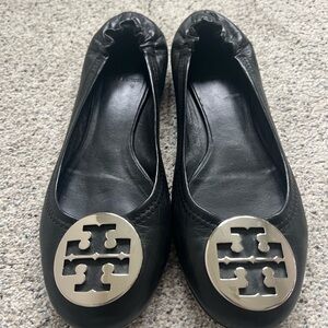 Tory Burch Black Flats with Silver Logo